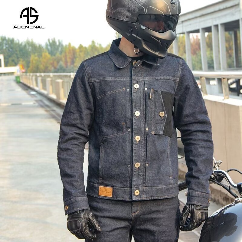 Motorcycle Gear Blue - กางเกงยีนส์มอเตอร์ไซค์สไตล์เรโทร สีน้ำเงิน ชุดขับขี่ 4CE พร้อมอุปกรณ์ป้องกัน เสื้อแจ็คเก็ตคาเฟ่เรซ