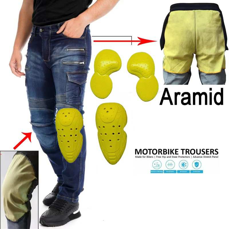 Motorcycle Gear Blue - กางเกงมอเตอร์ไซค์อะรามิดสำหรับผู้ชาย แบบมีซิป ป้องกันการกระแทก สีน้ำเงิน กางเกงขี่มอเตอร์ไซค์สำหรับคนอ้วน กางเกงวิบาก